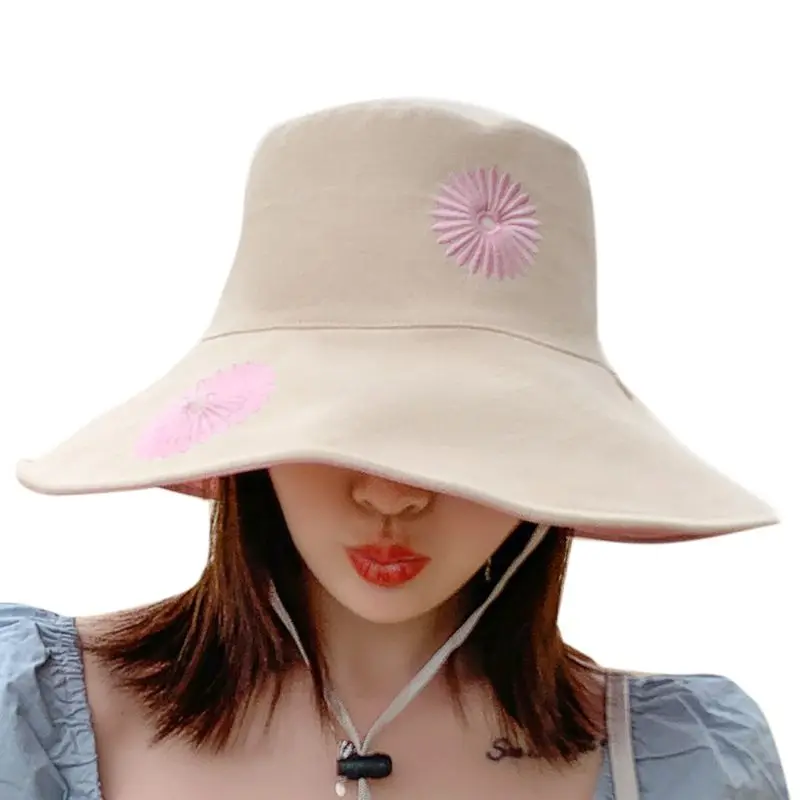 

Womens Summer Beach Sun Hat Reversible Daisy Embroidered Wide Brim Bucket Hat