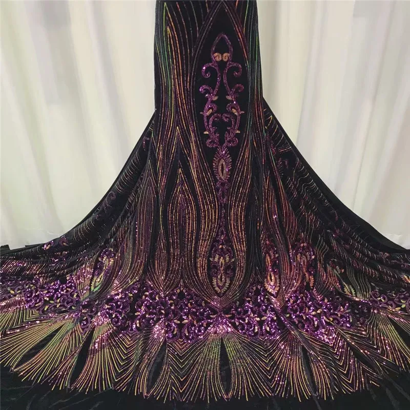 African Lace Fabric 2020 purple/gold High Quality Material Nigerian French Fabrics With Sequins For Wedding Dress | Дом и сад