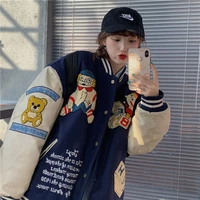 plus velvet padded jacket womens autumn and winter all match new tide college style loose retro y2k bear baseball uniform tide