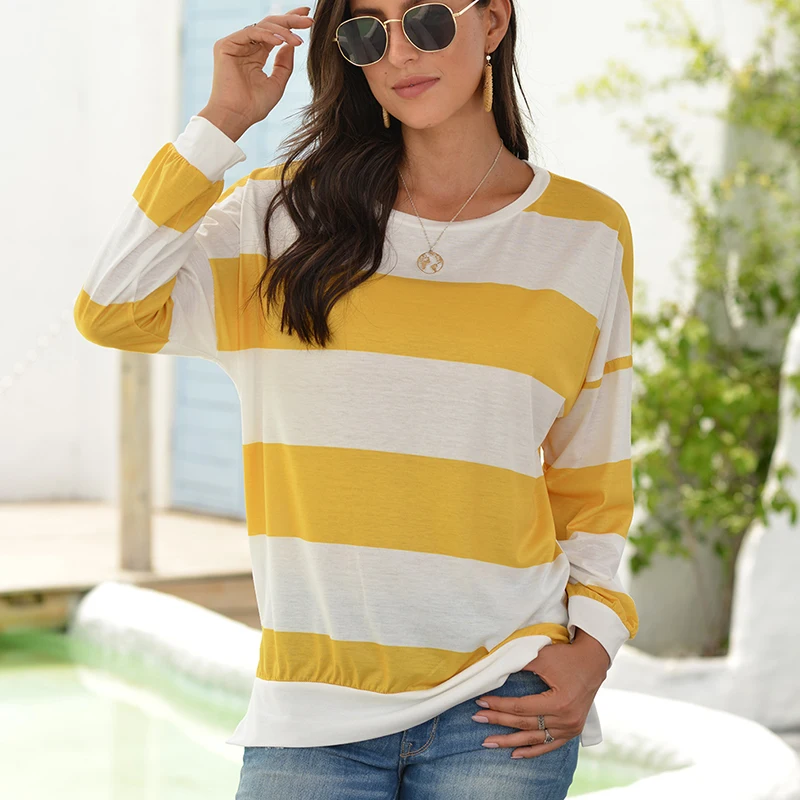 

S-XXL Women's Casual Loose O Neck Long Sleeve Striped Patchwork Top Blouse Ladies Shirts Blusas Mujer De Moda 2021 Verano