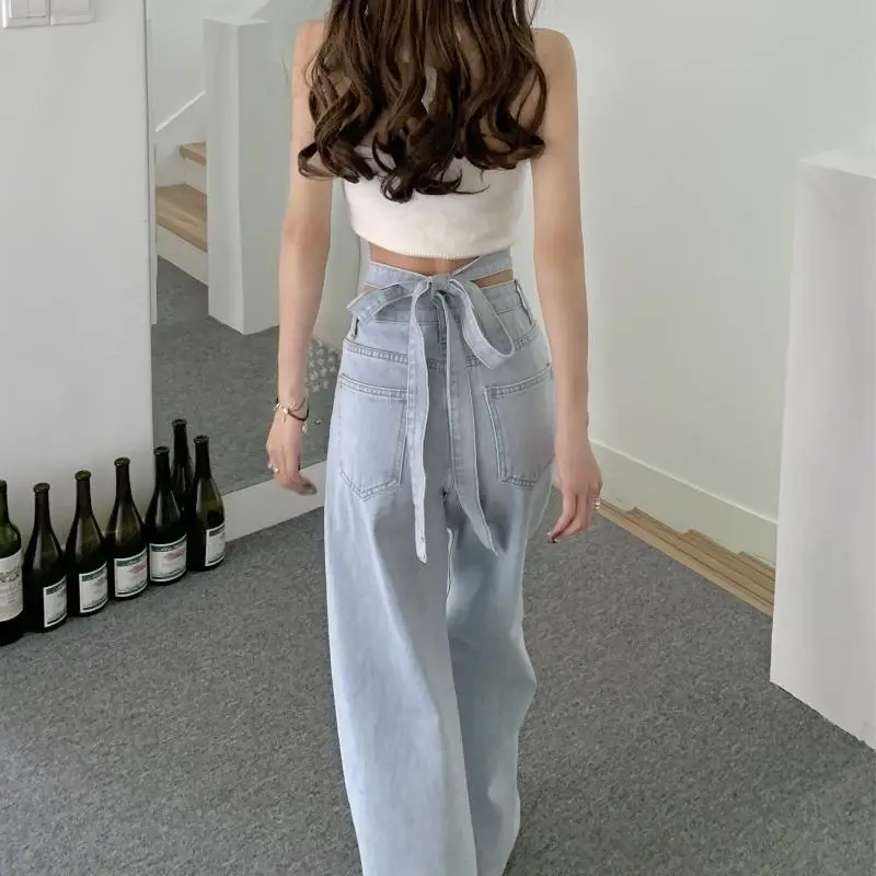 

High Waist Bandage Jeans Women Korean Loose Denim Wide-leg Pants New Straight Trousers Female XS-2XL