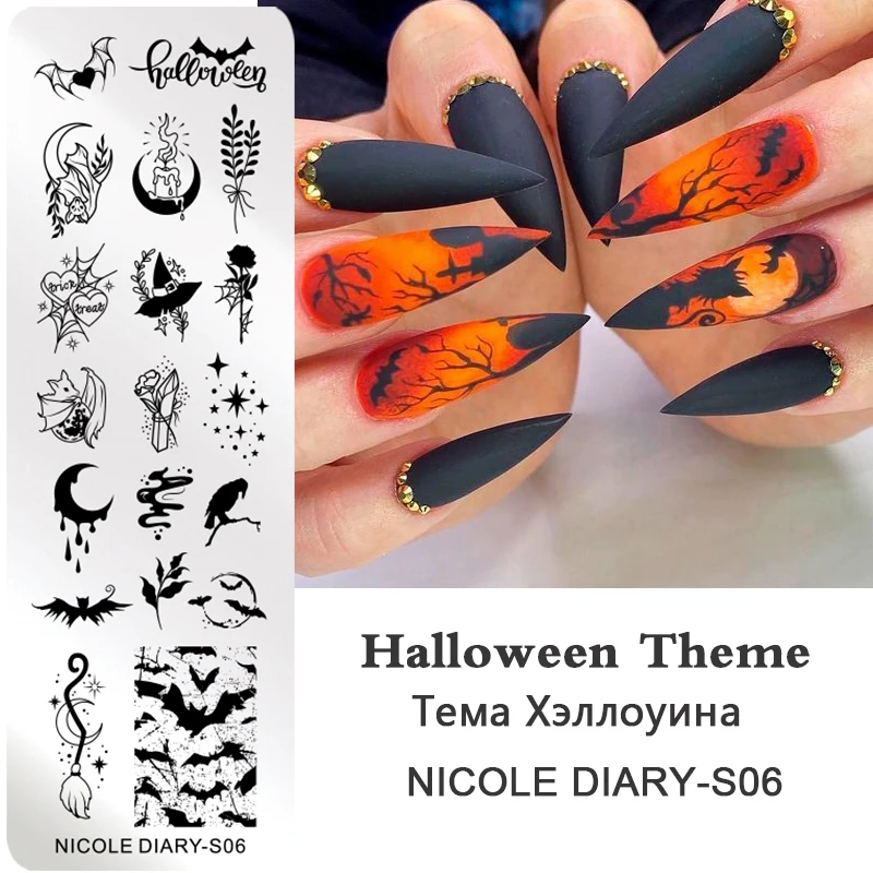 Наклейки NICOLE DIARY для ногтей на Хэллоуин тыква Череп летучая мышь паук|Шаблоны