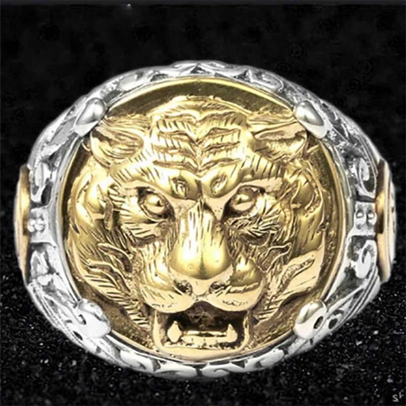 

Mifeiya Popular Men's Two-tone Craved Embossed Domineering The King of Forest Roaring Tiger Copper Ring for Male Party Jewelry