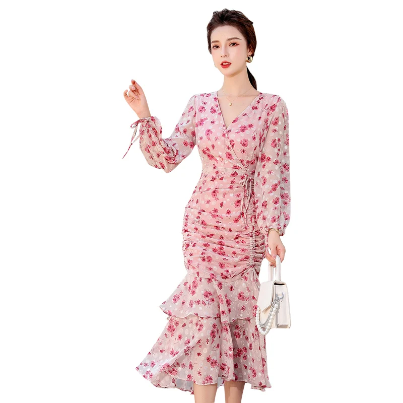 Осеннее длинное платье с принтом корейские женские шифоновые сексуальные