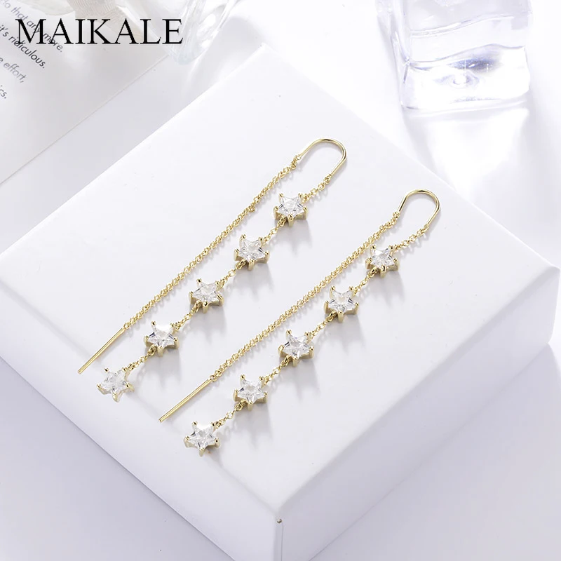 MAIKALE, новинка, модные длинные женские серьги с пентаграммой, звездой, цирконием, золотого и серебряного цвета, серьги-цепочки с кисточками, корейские ювелирные изделия, подарки