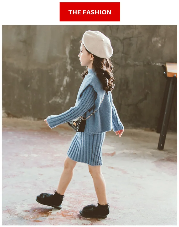 Girls Clothing set Winter Faux-wool Thick Warm Knitted Vest Dress Suit Children Costume Kids Tracksuit 8 10 Years Girls Clothes