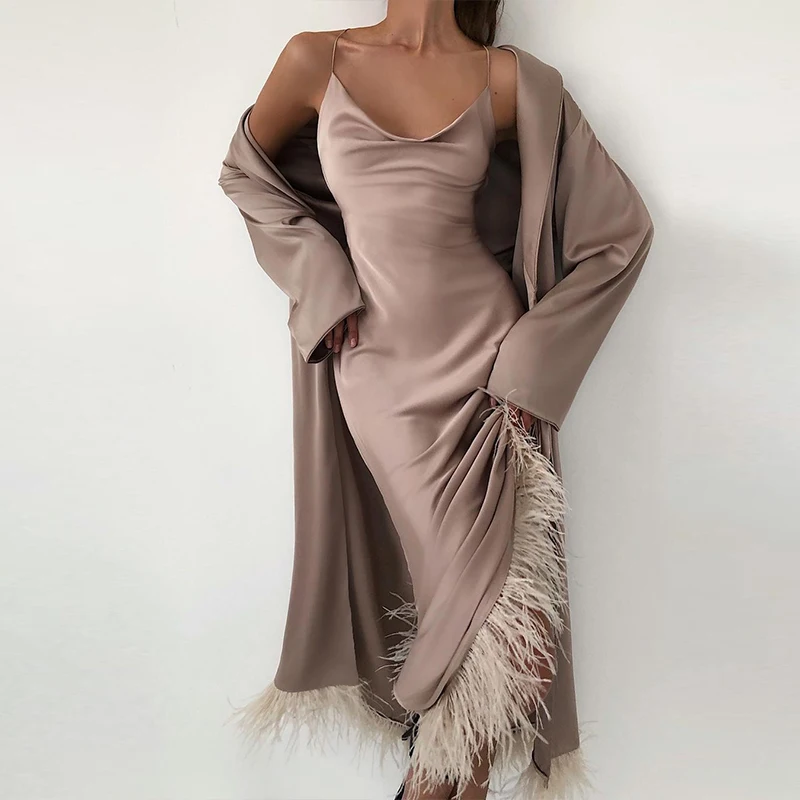 

Женское длинное платье с открытыми плечами и бахромой, Свободный кардиган, наряды, элегантный атласный вечерний костюм, весна-осень, одното...