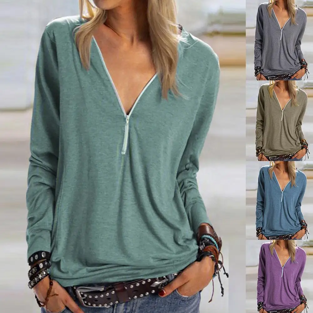 

Female Top Fashion Women Autumn Solid Color Zipper Neckline V Neck Blouse Top Pullover Solid girl clothing fashion