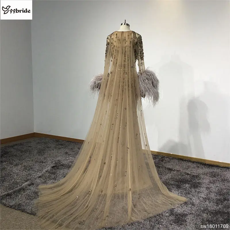 Yybride одежда с длинным рукавом с принтом перьев; Индивидуальный пошив платья для особых случаев Винтаж золото Цвет овальным вырезом кристаллами вечерние платья с накидкой