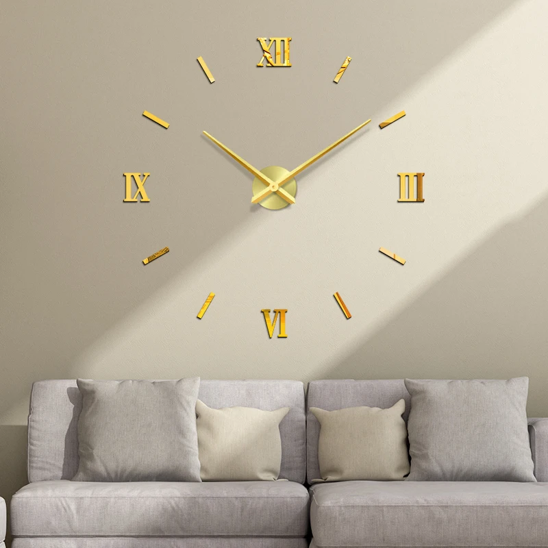 

48" Rome Digital Number Wall Clock 3D Modern DIY Interior Roman Wall Clock 3D Mirror DIY Decor Wall Stickers Black/Gold/Silver