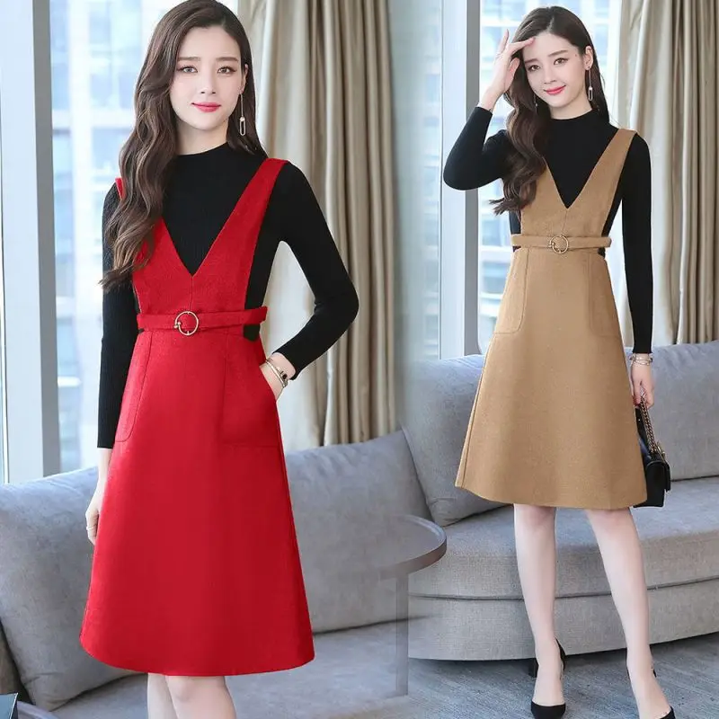 M 2020 Winter Dress Women Sexy Long Sleeve Dot Print Tight Contrast Color A-line Slim Fake Two-Piece vestidos | Женская одежда