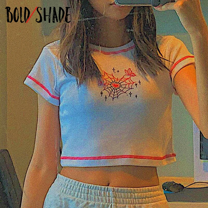 

Bold Shade Indie Aesthetic Y2K Baby Tee Graphic Print Stitch Short Sleeve O-neck T-shirts Women Soft Girl Style Cropped Top 2021