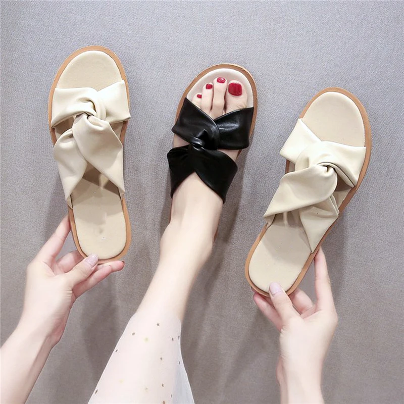 

Summer Women Slipper Soft Cross-Tied Pu Strap Comfortable Flat with Ladies Casual Shoes Peep Toe Outside Mujer Sandalias Zapatos