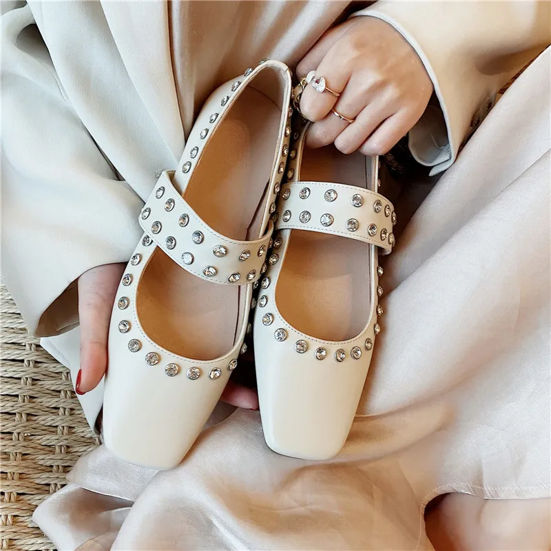 

MEMUNIA 2020 quality genuine leather shoes ladies flat shoes square toe crystal spring summer single shoes woman casual shoes