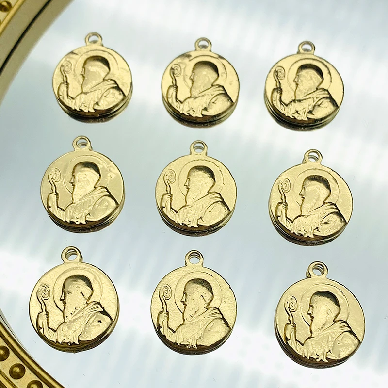 10Pcs Gold Color St Benedict Medal Pendant Metal Portrait Round Coins Charms For DIY Jewelry Making Accessories Necklace - купить по