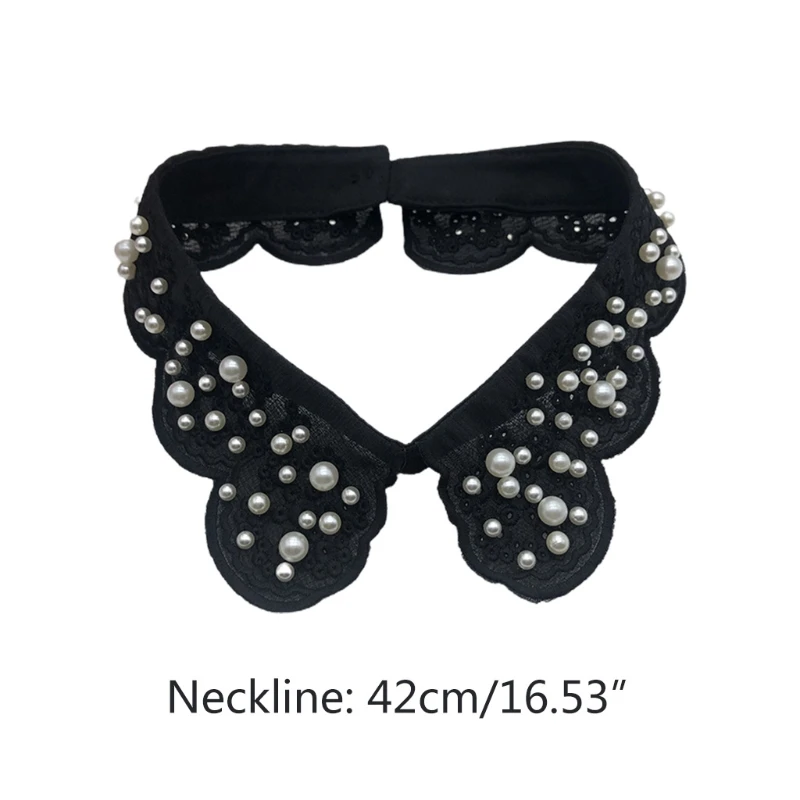 

Women Elegant Scalloped Butterfly Lace False Fake Collar Handmade Imitation Pearl Beading Detachable Choker Necklace
