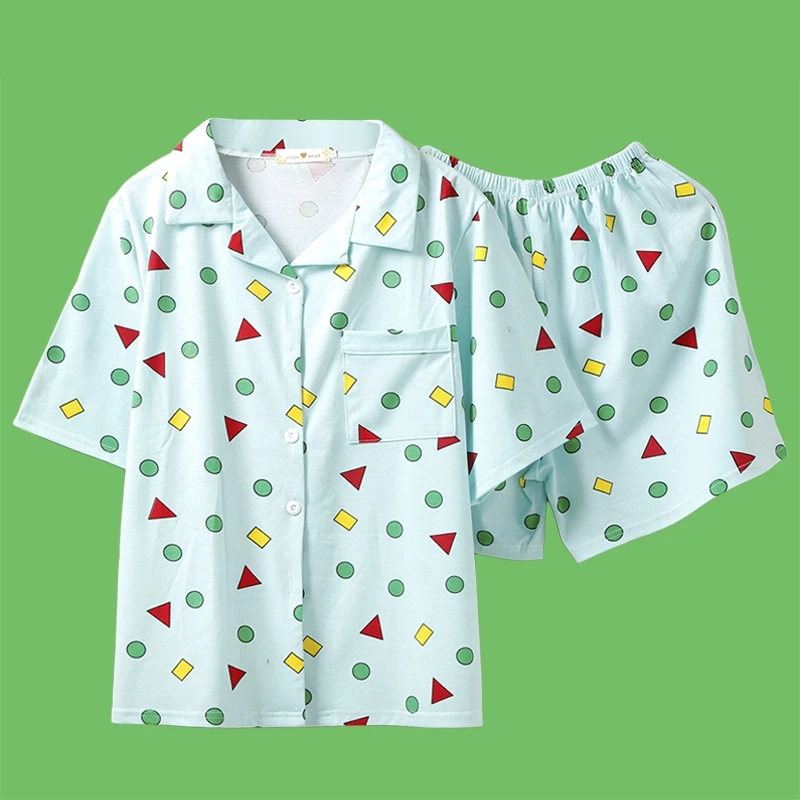 

Cute Pajama Sets Women Men Big Size Print Geometric 3 Pieces Set Tops Short Sleeve + Shorts Elastic Waist + Blinder Loose