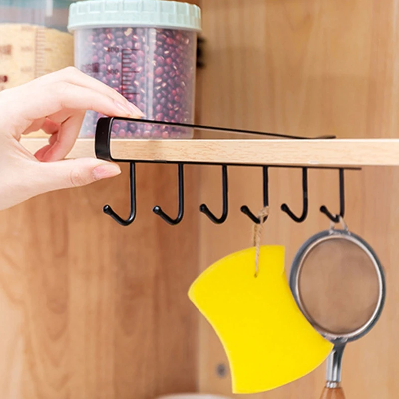 

1PC 6 Hooks Cup Holder Iron Kitchen Storage Rack Cupboard Hanging Hook Shelf T3EA