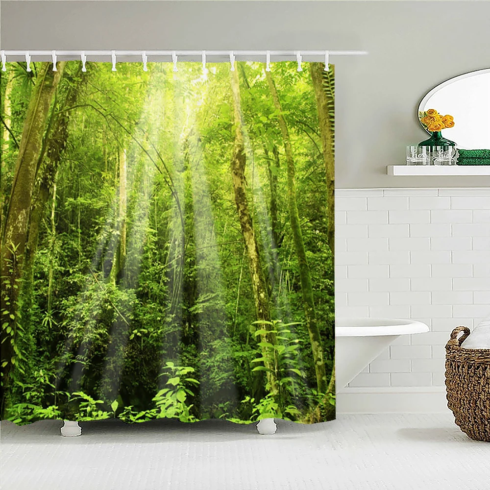 

Beautiful natural landscape, forest, green, shower curtain, waterproof, bathroom layout, home decoration