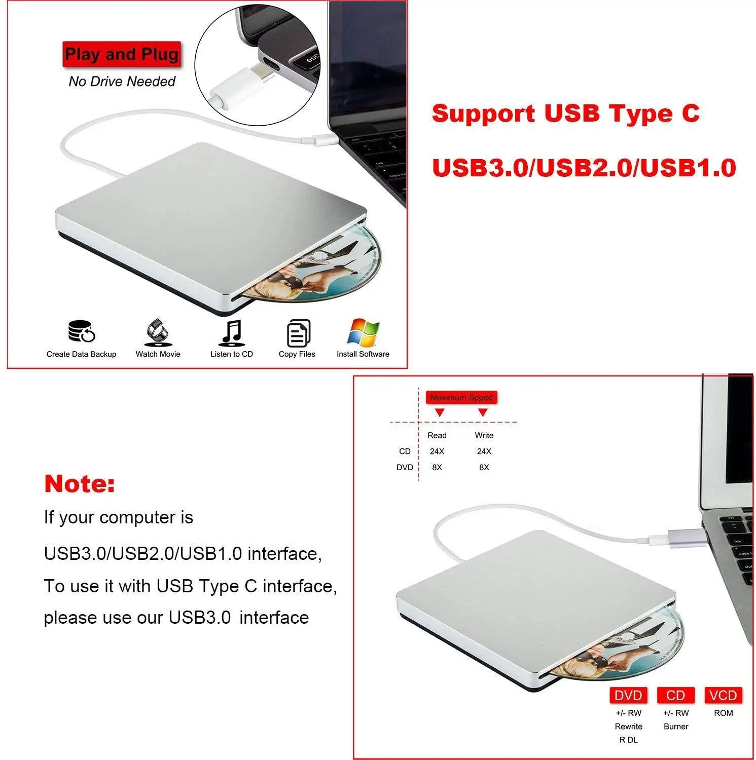 USB 3 0 DVD-ROM Оптический привод внешний тонкий CD ROM дисковый ридер для настольного ПК