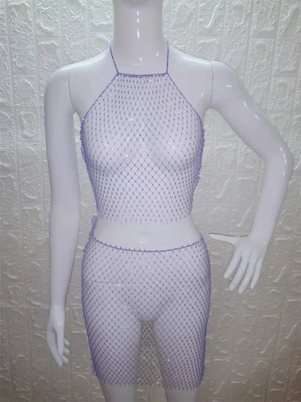 PARAKINI Sparkly Crystal Diamonds Bikini Beach Women Dress Beach Cover Up Dresses Fishnet Cropped Top Two Pieces Set Beach Dress