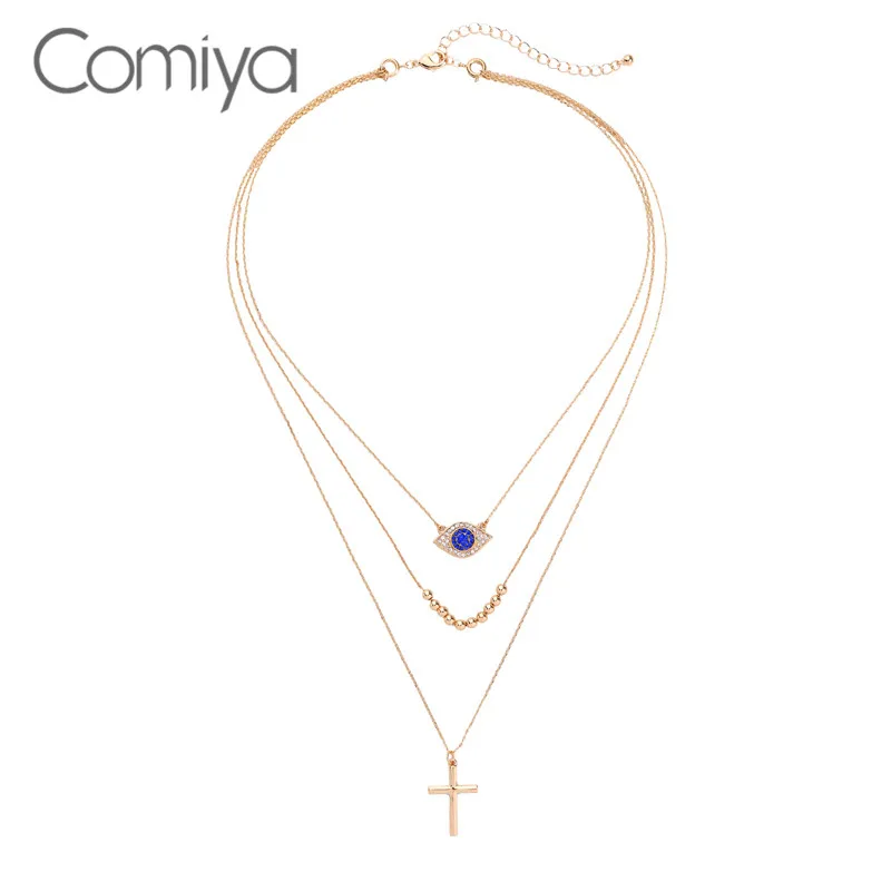 Comiya Necklace For Women Collare Gold Color Zinc Alloy Multi Layers Eye Beads Pendant Fashion Crystal Mosaic Korean Necklaces | Украшения
