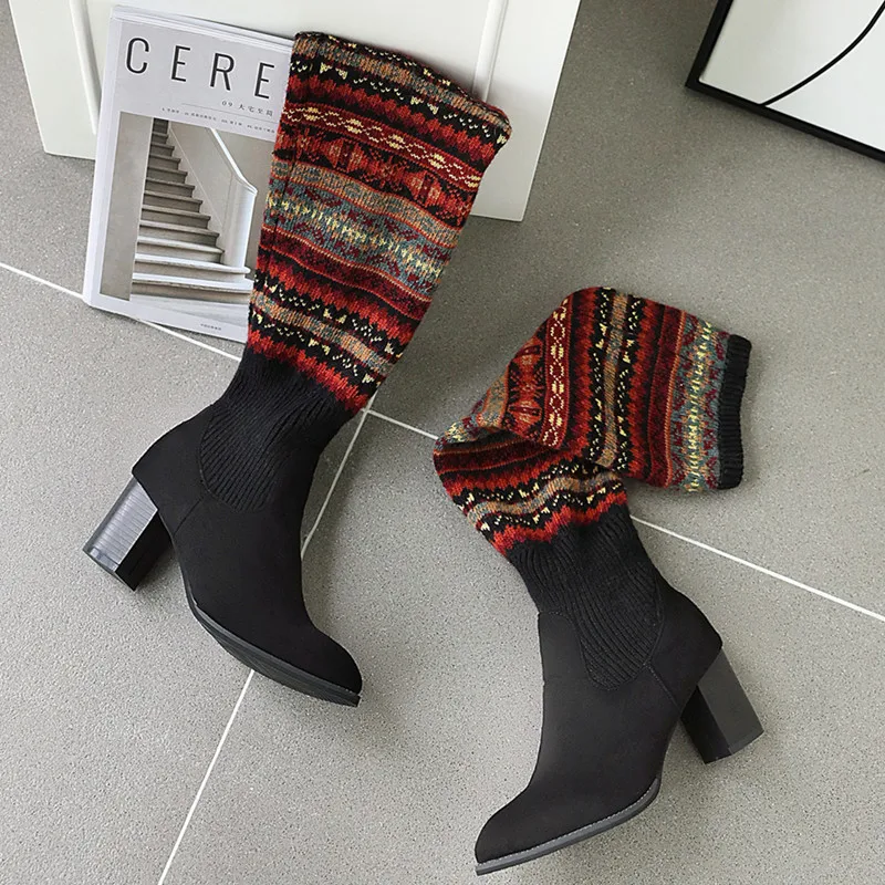 В полоску Женские ботфорты выше колена Обувь с высоким голенищем 2020 эластичные