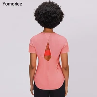 2021 springsummer mesh cross hollow yoga short sleeves breathable loose sports running fitness womens workout tops gym ymoriee