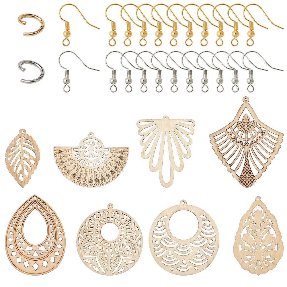 

Geometric Shapes Wood Big Pendants with Stainless Steel Jump Rings Earring Hooks for Handmade DIY Earrings Making Supplies Kits