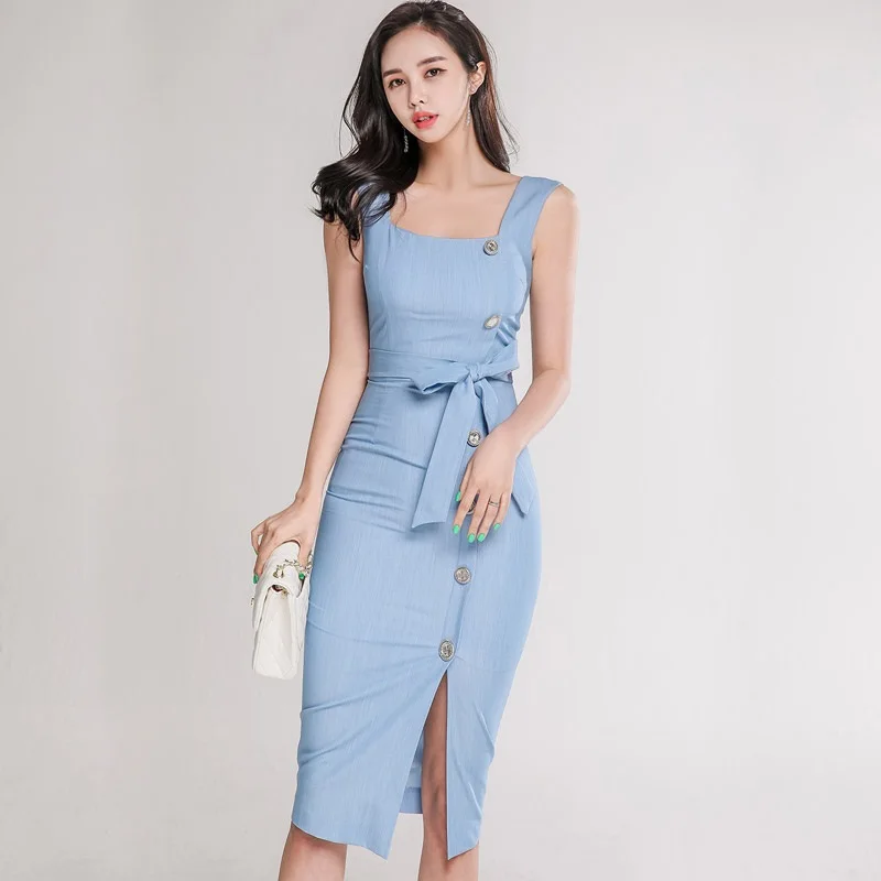 

New Summer Sleeveless Solid Color Women Dress Elegant Korean Office Vestidos Knee-Length V-neck Bodycon Pencil Dress Female