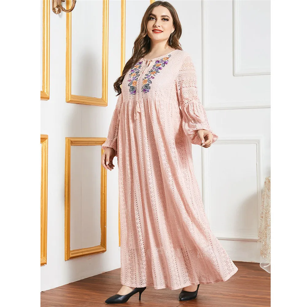

Pink Lace Embroidery Muslim Abaya Casual Women Dress Dubai Kaftan Turkey Caftan Long Maxi Robe Party Arab Gown Islamic Clothing