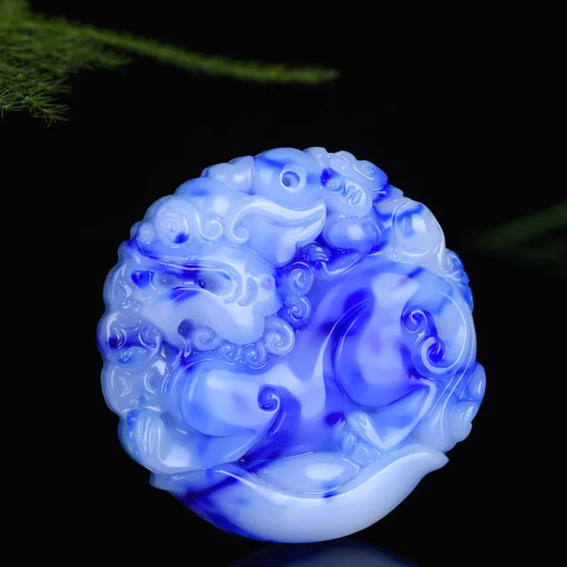 

1 шт. ожерелье с подвеской из натурального голубого и белого нефрита PIXIU, китайская подвеска с ручной резьбой, ювелирные украшения JADEITE, модны...