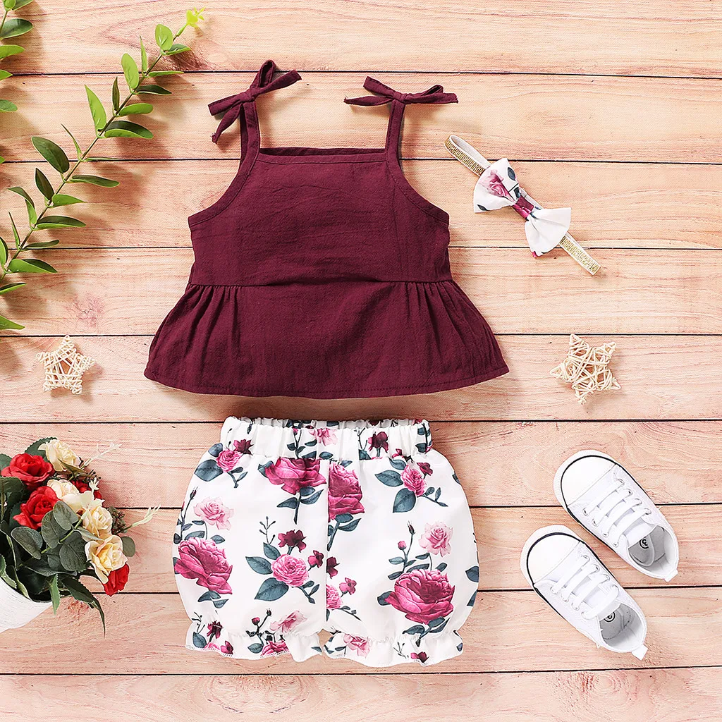 

Summer Toddler Baby Girls Suspender Solid Vest Tops+Floral Print Shorts Outfits одежда для новоѬождëн dziewczyna zestawy 2021