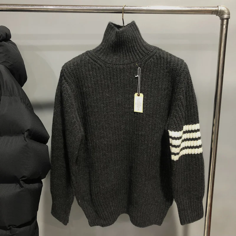 

Fashion 2021 Brand Sweaters Men Loose Turtleneck Pullovers Clothing Solid Striped Wool Autumn Winter Thick Casual Coat