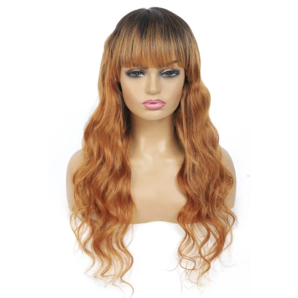 

Long Wavy Dark Blonde Ombre Human Hair Wig with Bangs Body Wave Malaysian Remy Human Hair Full Machine Wig Two Tone T1B/#30