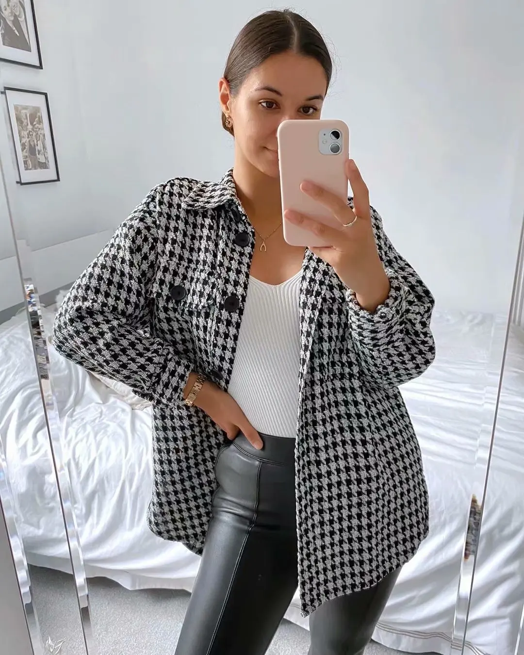 

Fashion Houndstooth Women's Shirt Lapel Long Sleeve Winter Tweed Shirt Coat High Street Style Loose Plaid Shirt 2021 New