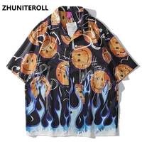 2021 smile blue fire flame print hawaiian beach shirts hip hop button shirt mens fashion short sleeve holiday party blouse tops
