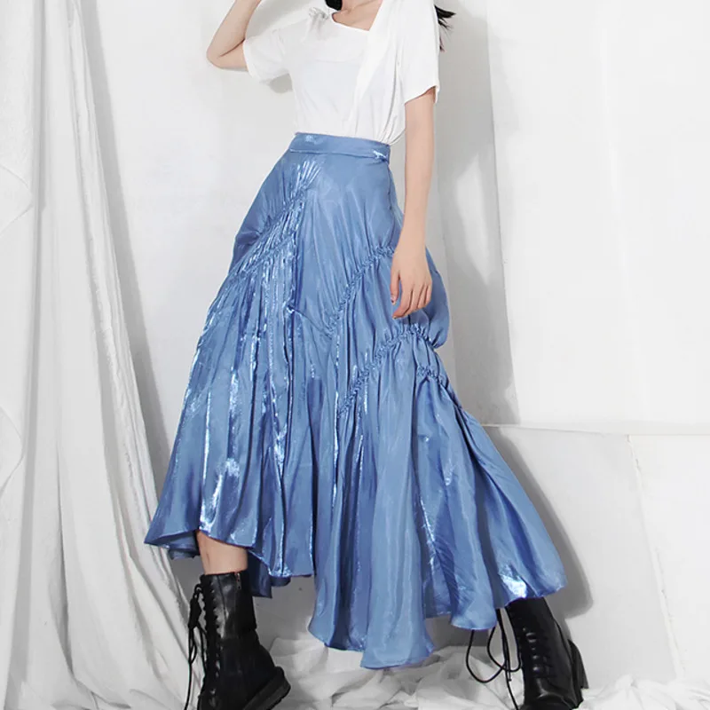 Женская Асимметричная юбка LANMREM синяя до середины голени с высокой талией модель