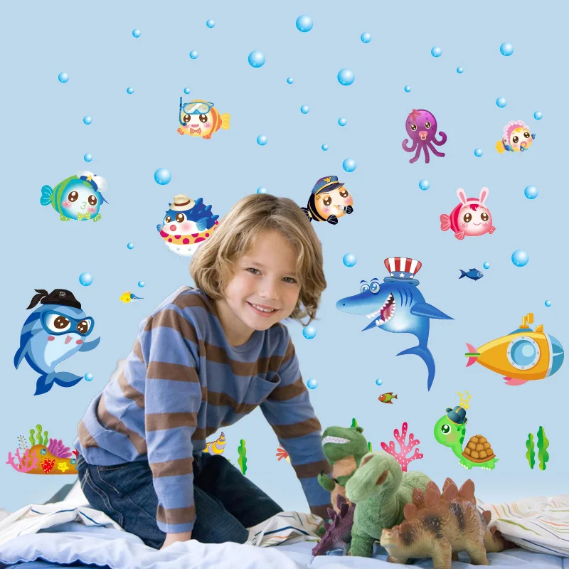 

Cartoon Underwater World Wall Stickers for Kids Room Kindergarten Wall Decoration Bathroom Toilet Waterproof Removable Mural