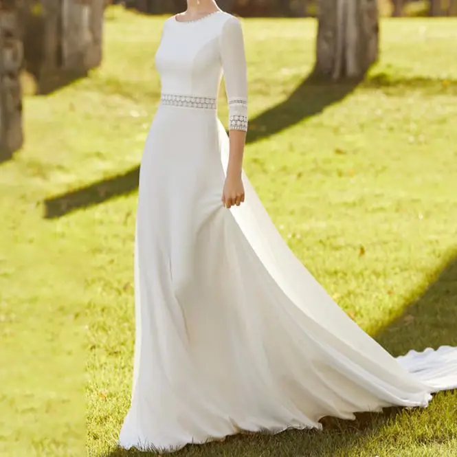 

Elegant Boho Wedding Dresses with Half Sleeve vestido de novia bohemio Chiffon Beach Lace Bridal Gowns Removable Train