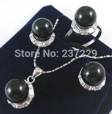 FREE SHIPPING>>@> Wholesale price SHIPPING ^^^Fashion black agate/Green Jade 18kgp Earrings&Ring&Necklace Pendant Set N |