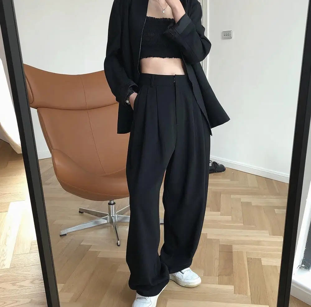 Spring Autumn Simple Trousers Ladies Office High Waist Pants Pleated Casual Loose Women Ankle-Length Pants Female OL 205E