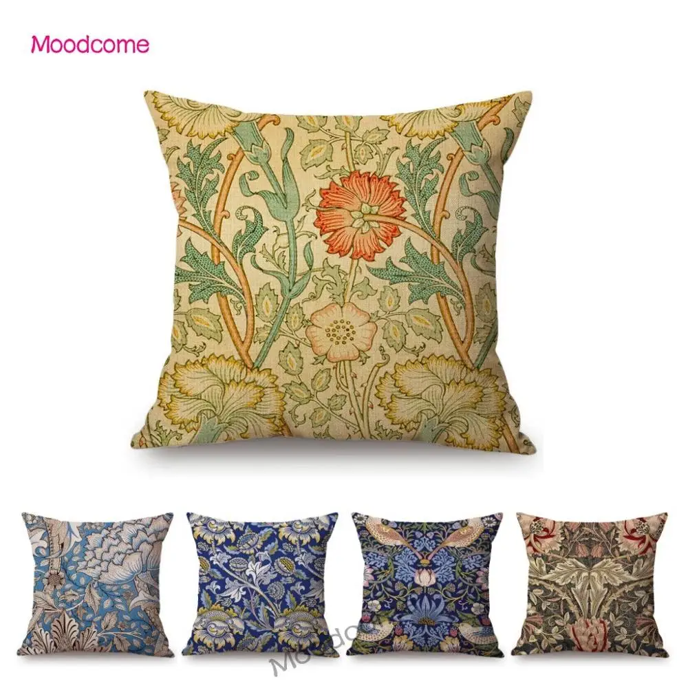 Наволочка для дивана с изображением цветов Морриса птиц из хлопка и льна в