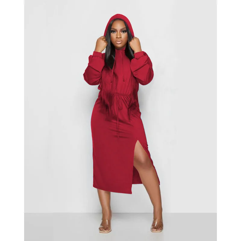 

Spring Summer Sexy Dress Hooded Drawstring Slit Nightclub Party Dresses for Women Gothic Clothes Casual Streetwear Wholesale
