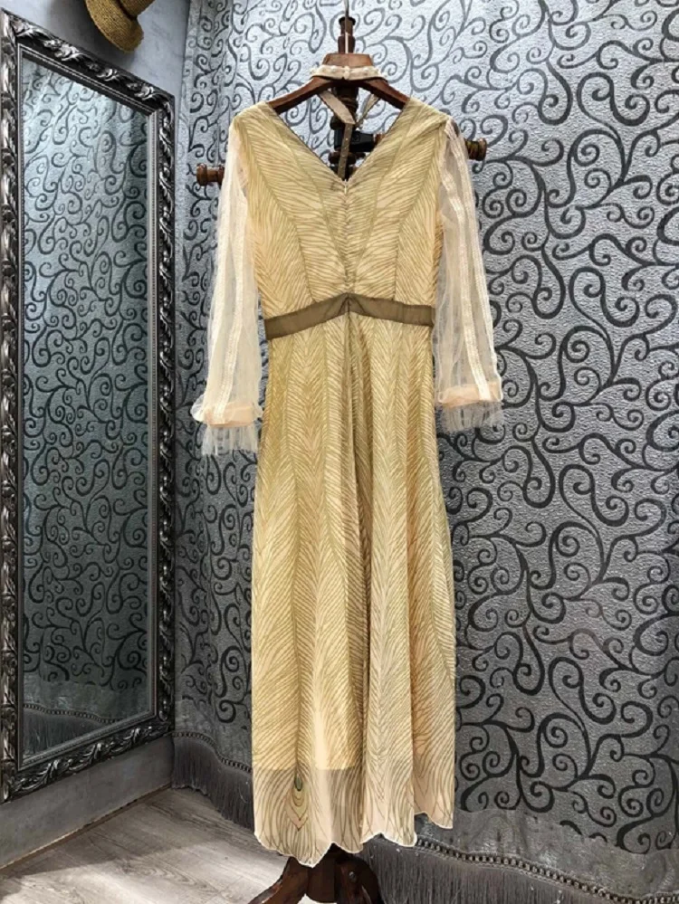 

Long Dress Elegant 2021 Autumn Fashion Party Evening Women Stand Neck Runway Print Beading Casual Long Party Club Dress Maxi