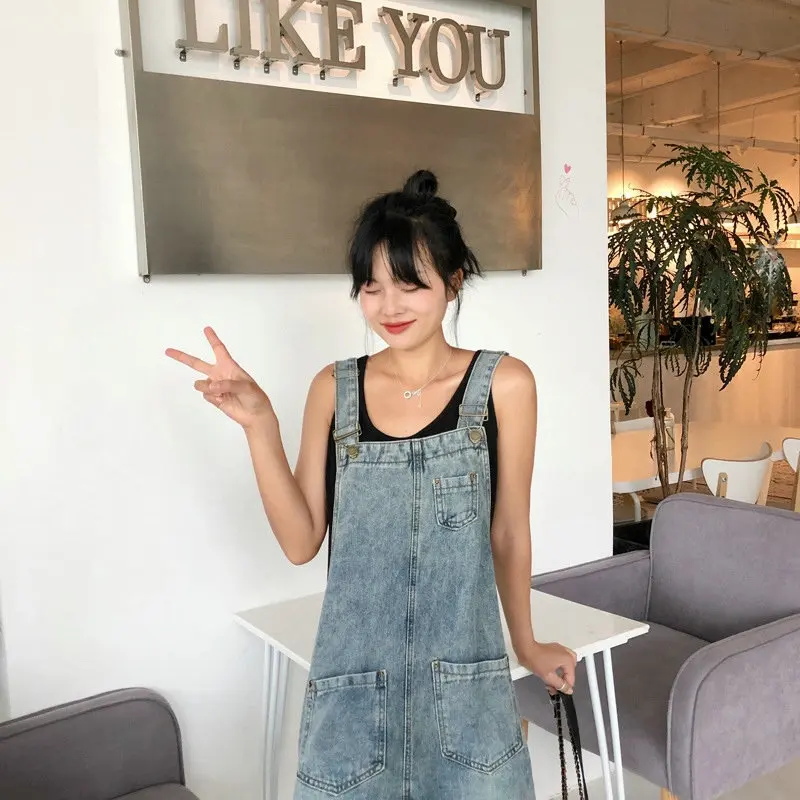 Women Oversized Denim Jumpsuit Autumn Jeans Overalls Plus Size Bib Solid Pockets Rompers Vintage Dungarees Blue Basic Jean Pants