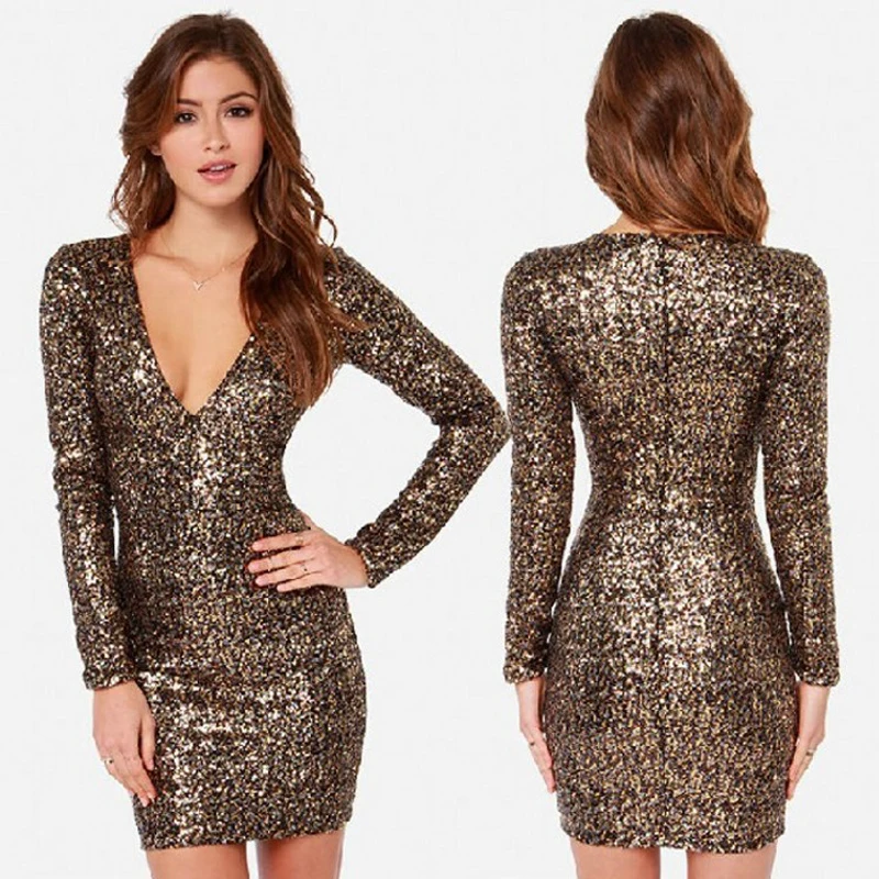 Роскошный футляр с длинными рукавами мини золотыми блестками Вечерние платье