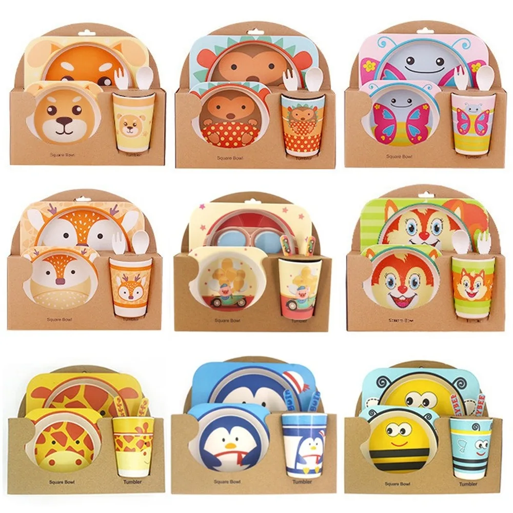 5 Pcs Creative Carton Animals Bamboo Fiber Kids Baby Children Solid Feeding Dinnerware Tableware Set Plate Bowl Cup Fork Spoon