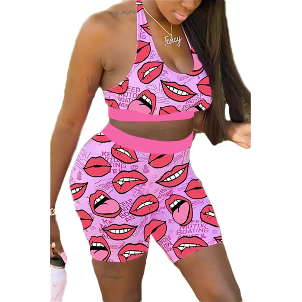Женский костюм из двух предметов с принтом красных губ укороченный топ без