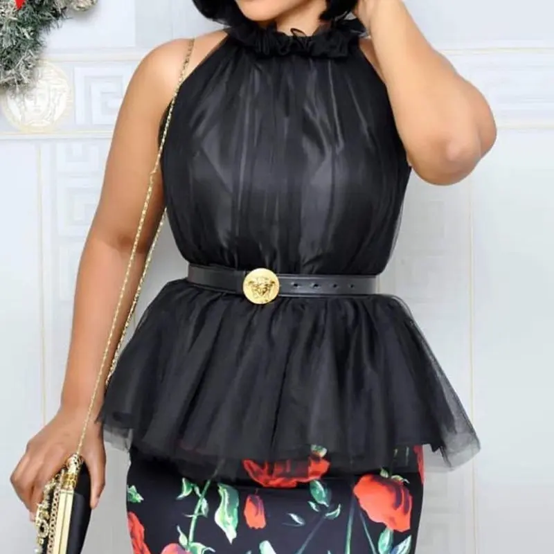 Женская офисная блузка без рукавов черная сетчатая женские летние сексуальные